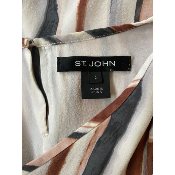 St John Silk Top Blouse Sleeveless Striped Brown Gray Cream Keyhole Stre… - Picture 9 of 9